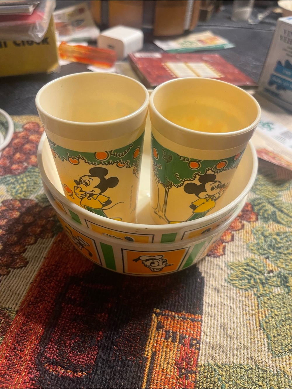 Vintage Walt Disney cereal, bowls, and juice cups made the USA